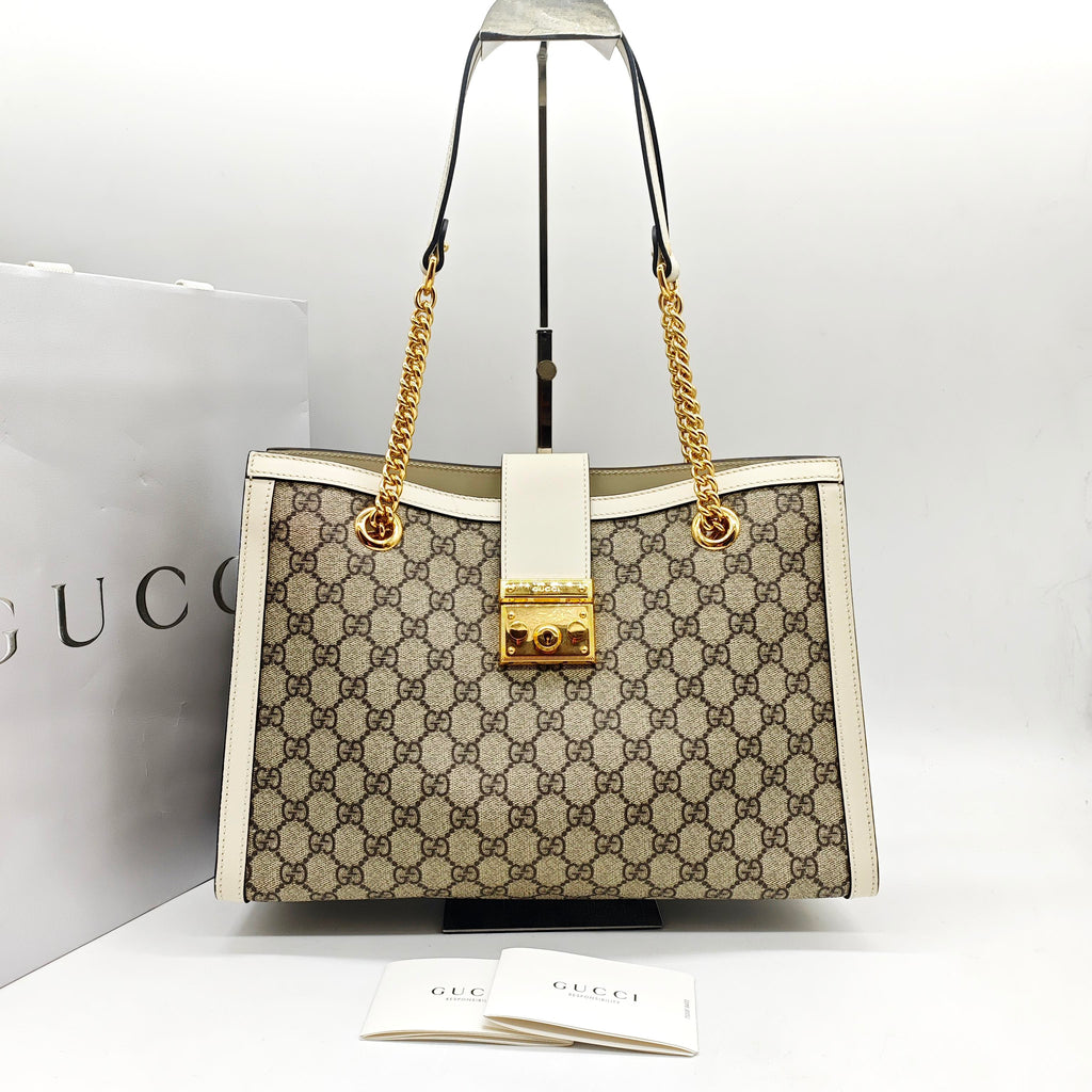 Gucci Padlock Tote Bag GG Supreme Canvas White Leather Gold Hardware
