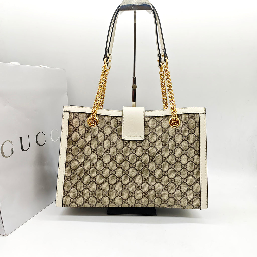 Gucci Padlock Tote Bag GG Supreme Canvas White Leather Gold Hardware