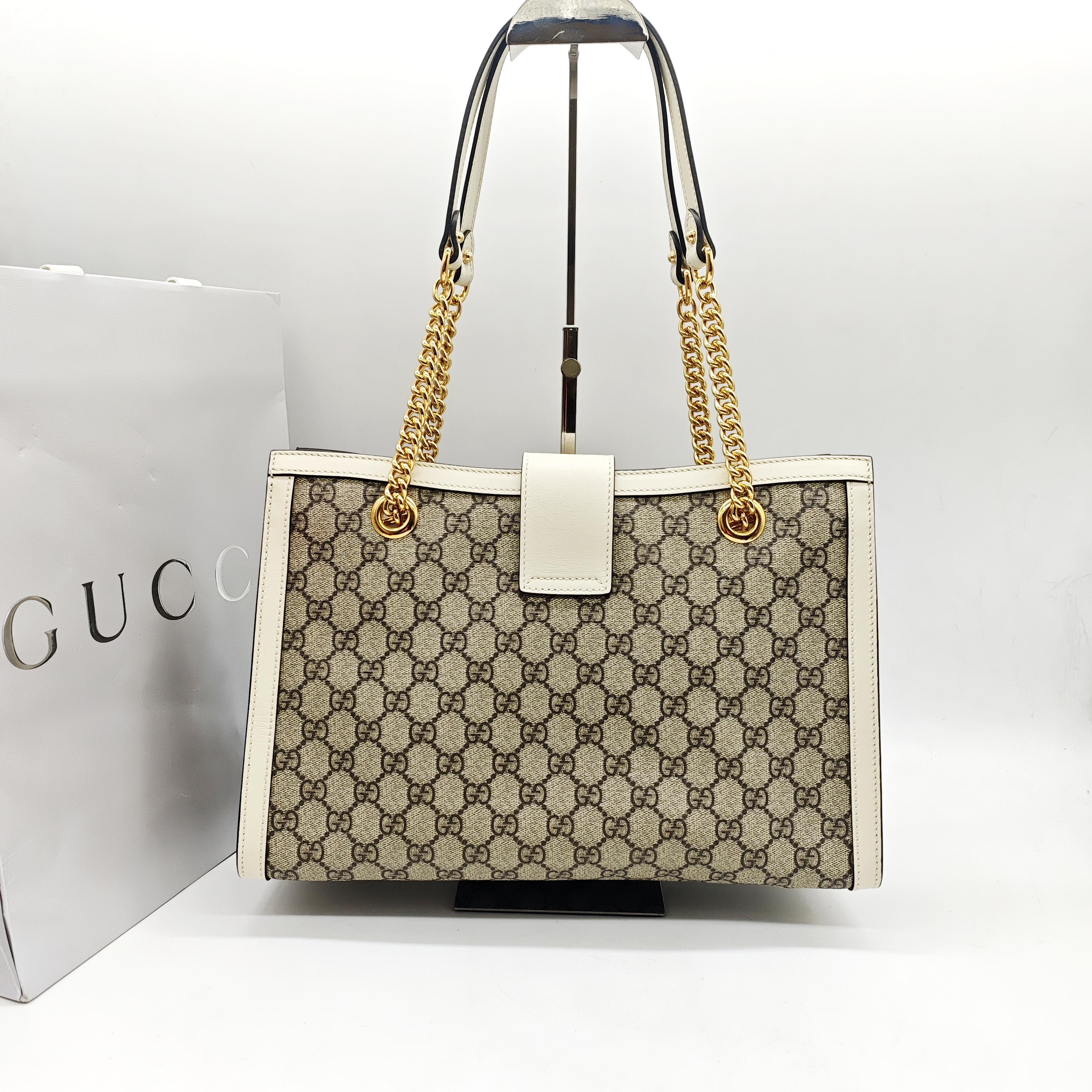 Gucci Padlock Tote Bag GG Supreme Canvas White Leather Gold Hardware