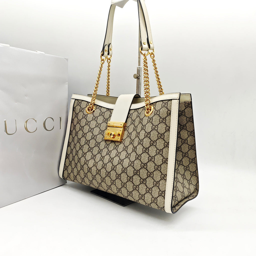 Gucci Padlock Tote Bag GG Supreme Canvas White Leather Gold Hardware