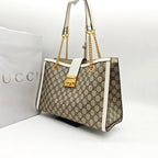 Gucci Padlock Tote Bag GG Supreme Canvas White Leather Gold Hardware