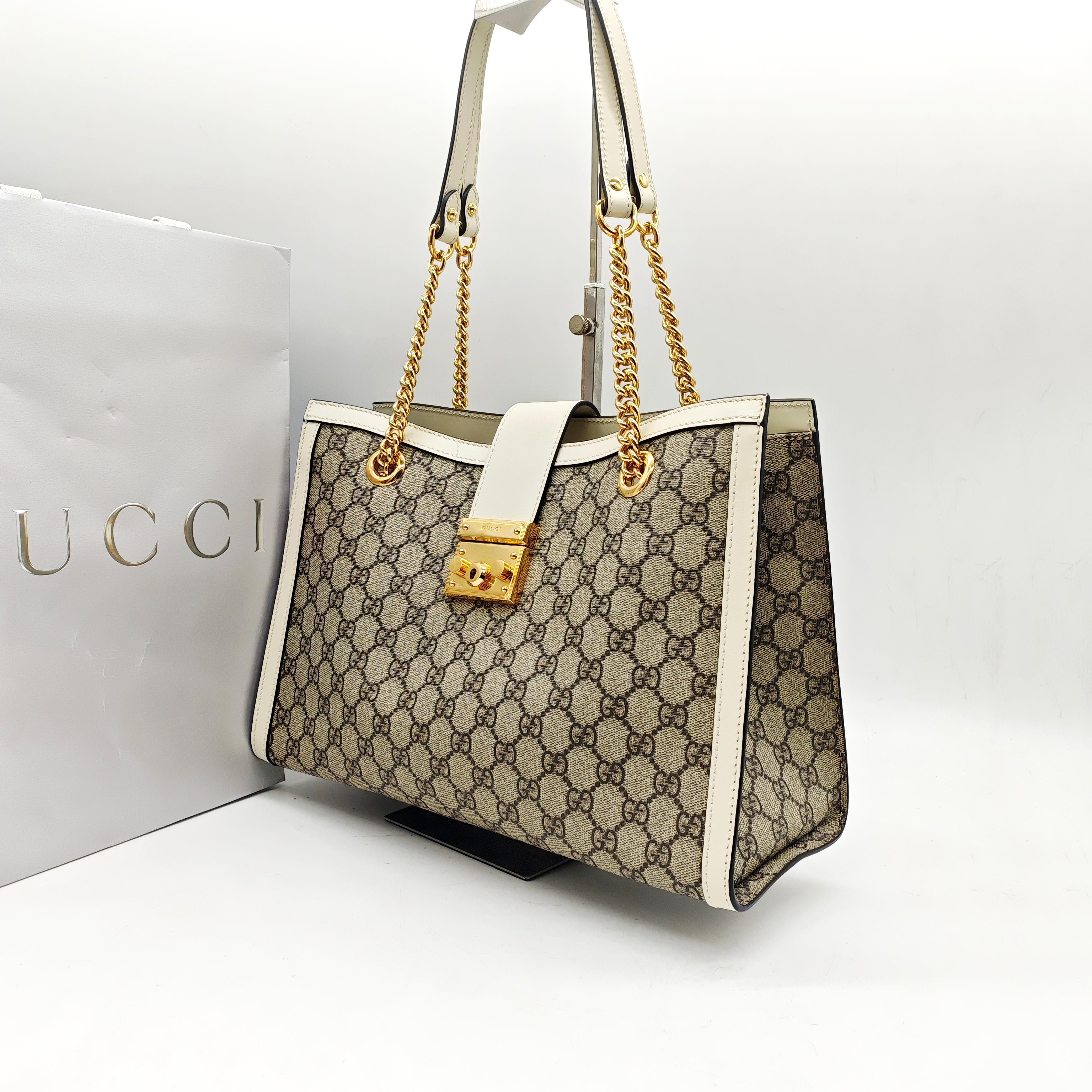 Gucci Padlock Tote Bag GG Supreme Canvas White Leather Gold Hardware