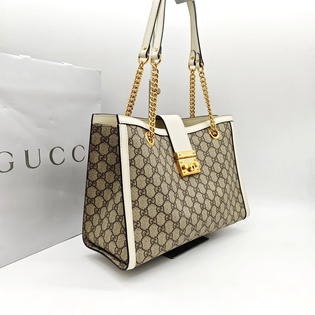 Gucci Padlock Tote Bag GG Supreme Canvas White Leather Gold Hardware
