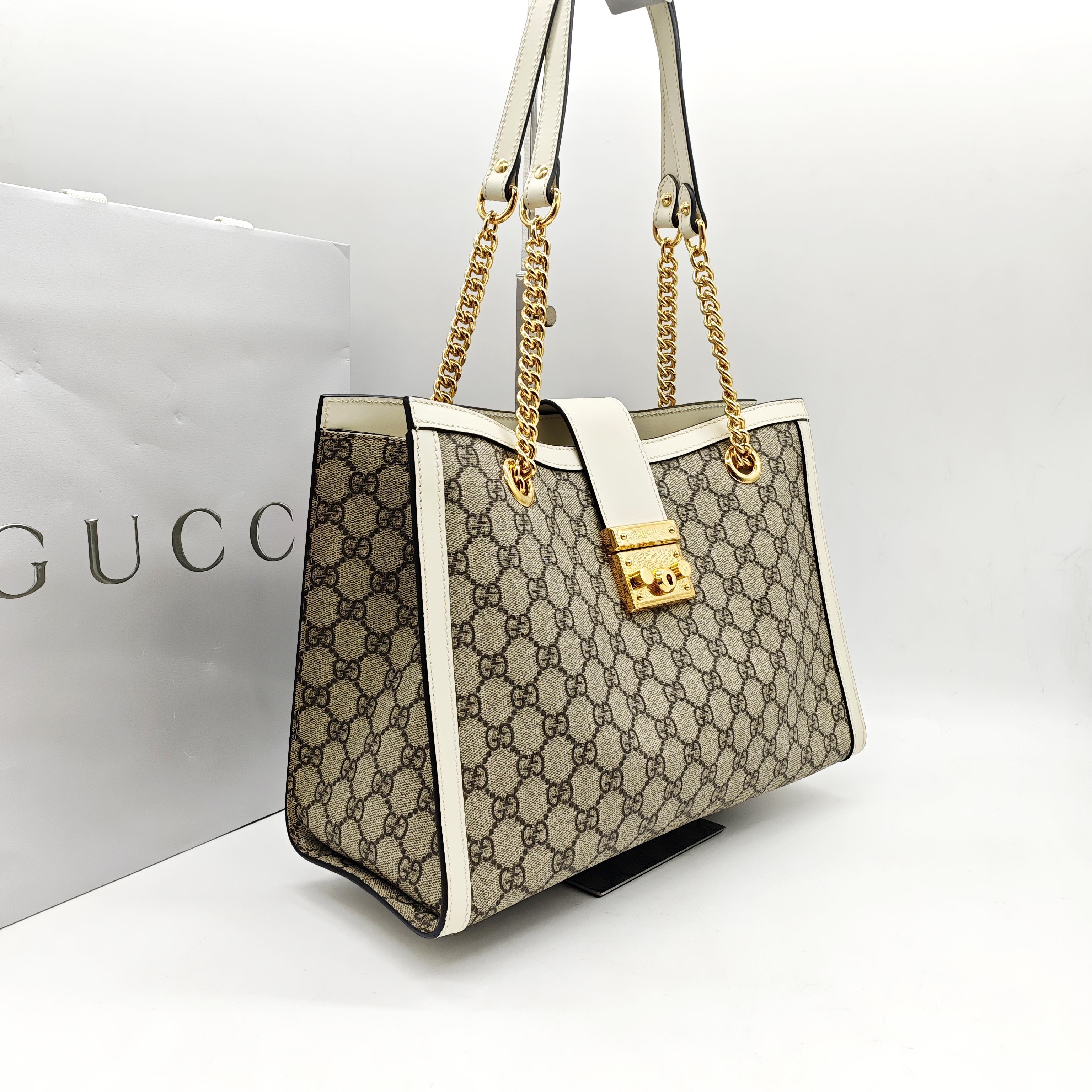 Gucci Padlock Tote Bag GG Supreme Canvas White Leather Gold Hardware
