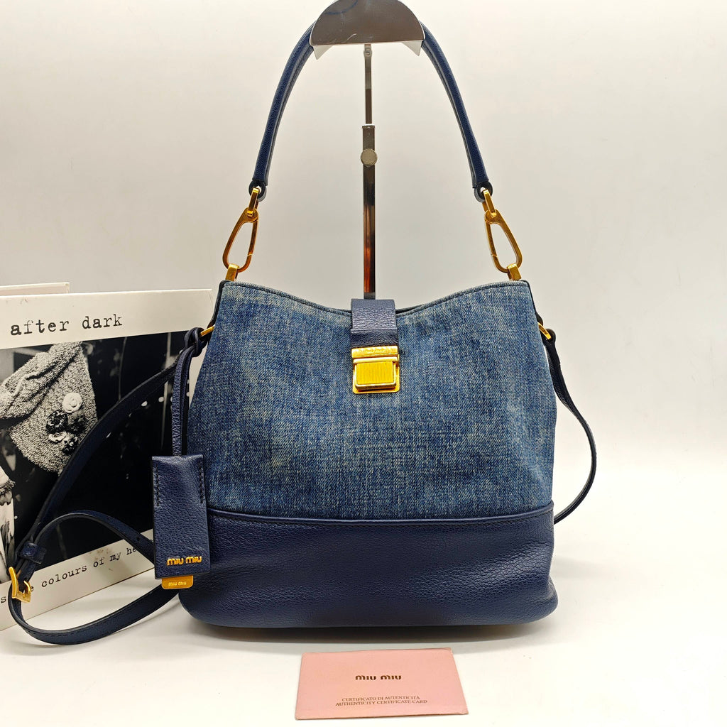 Miu Miu Denim and Leather Bucket Bag Blue/Navy Gold Hardware