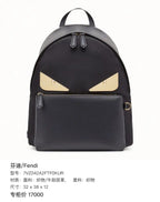 Fendi 7VZ042 Bugs Backpack Black Nylon Leather Gold Hardware