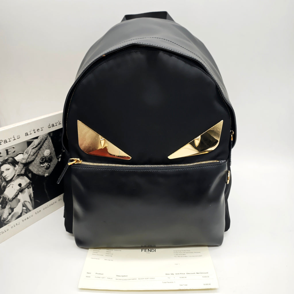 Fendi 7VZ042 Bugs Backpack Black Nylon Leather Gold Hardware