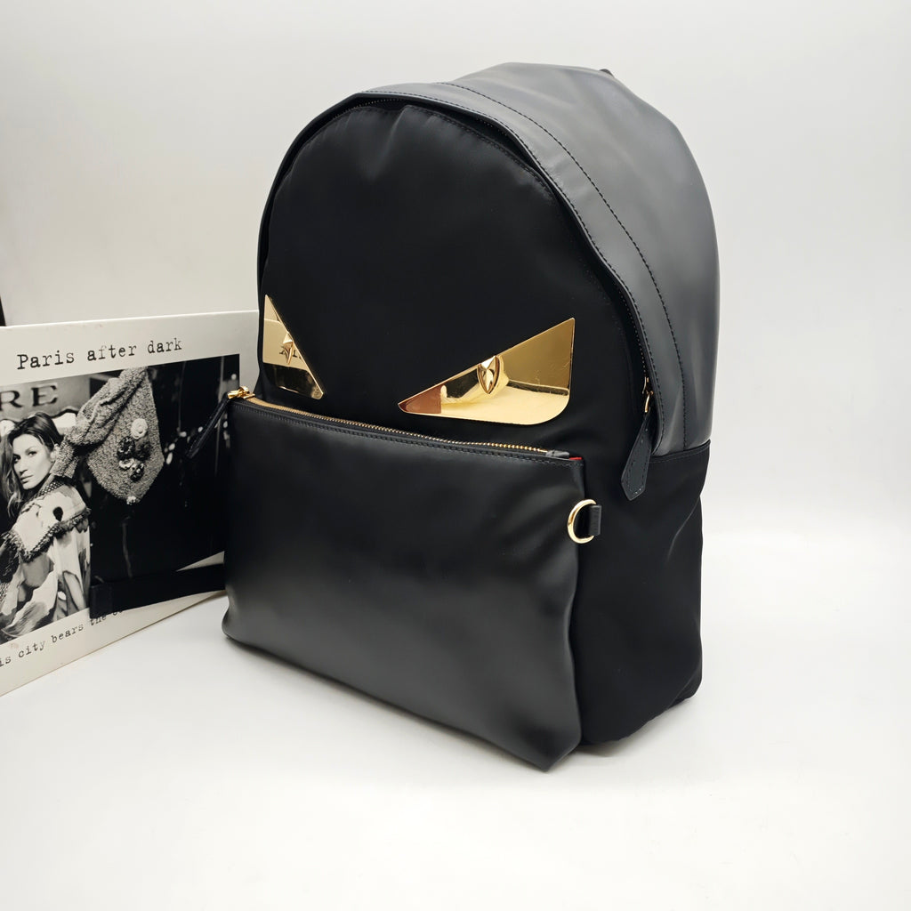 Fendi 7VZ042 Bugs Backpack Black Nylon Leather Gold Hardware
