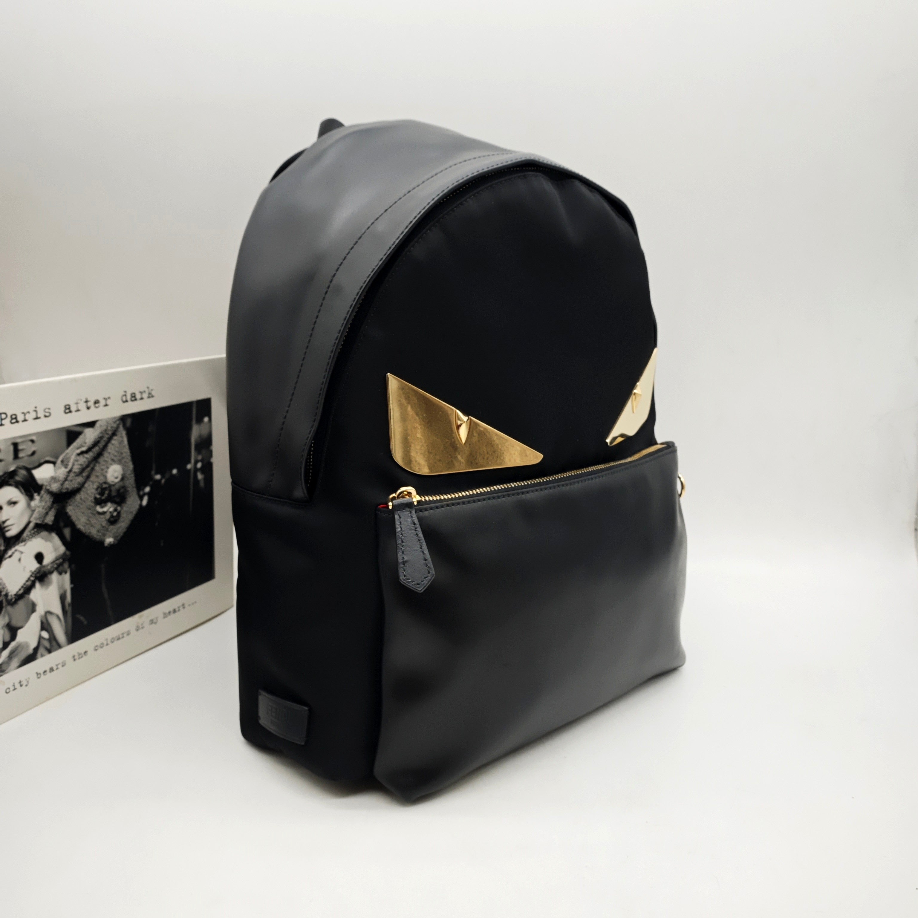 Fendi 7VZ042 Bugs Backpack Black Nylon Leather Gold Hardware