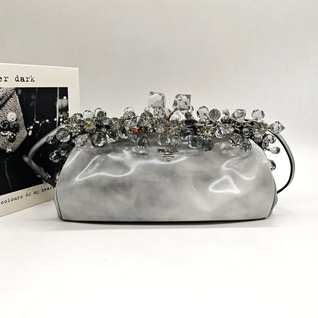 Prada Crystal-Embellished Clutch Bag Metallic Silver Leather Silver Hardware