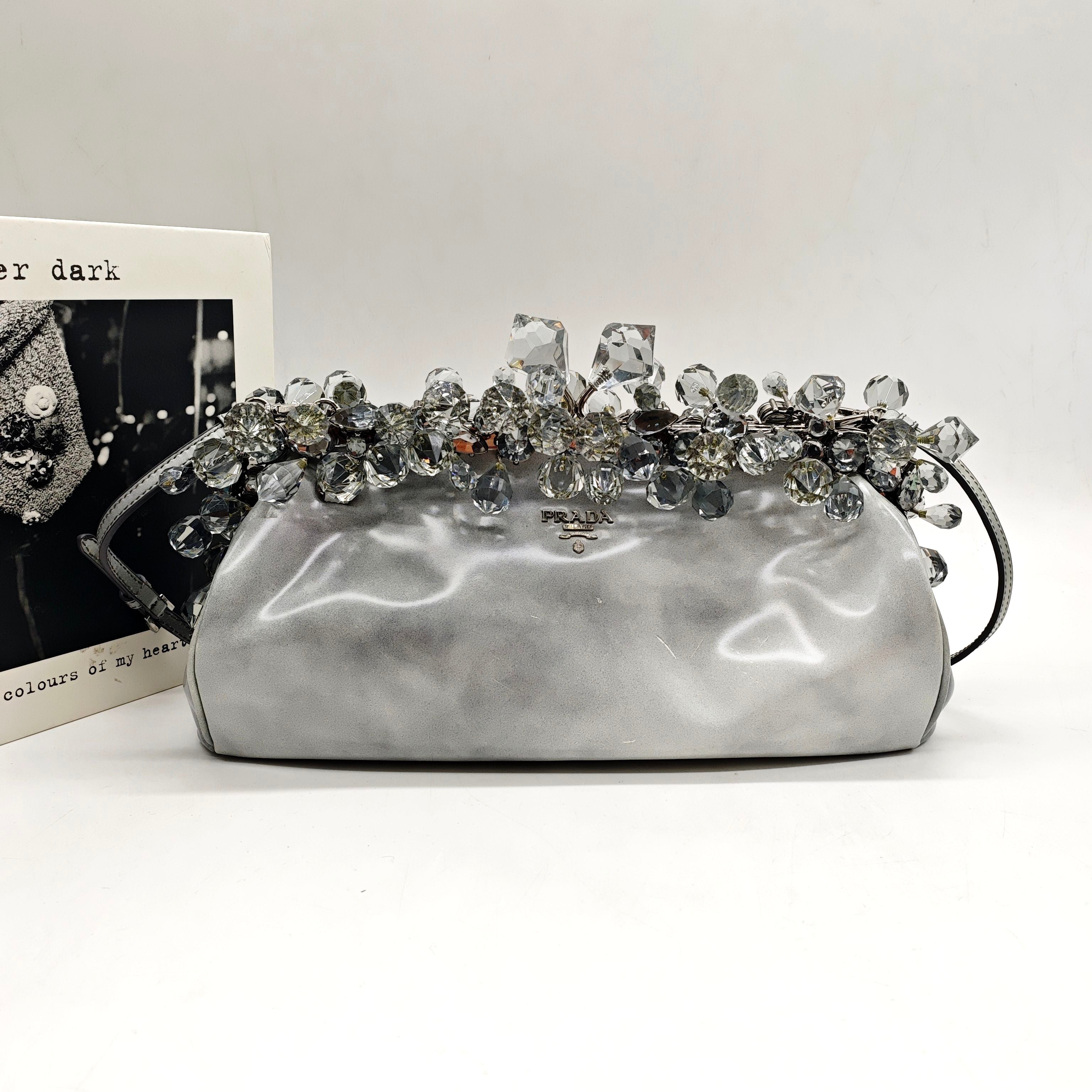 Prada Crystal-Embellished Clutch Bag Metallic Silver Leather Silver Hardware