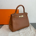 Hermes Kelly Handbag Brown Pebbled Leather Gold Hardware