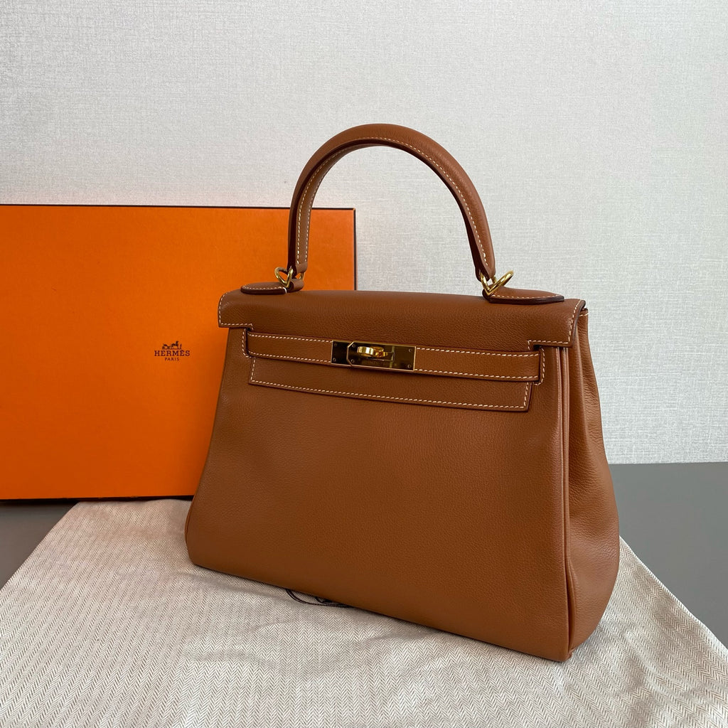 Hermes Kelly Handbag Brown Pebbled Leather Gold Hardware