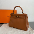 Hermes Kelly Handbag Brown Pebbled Leather Gold Hardware