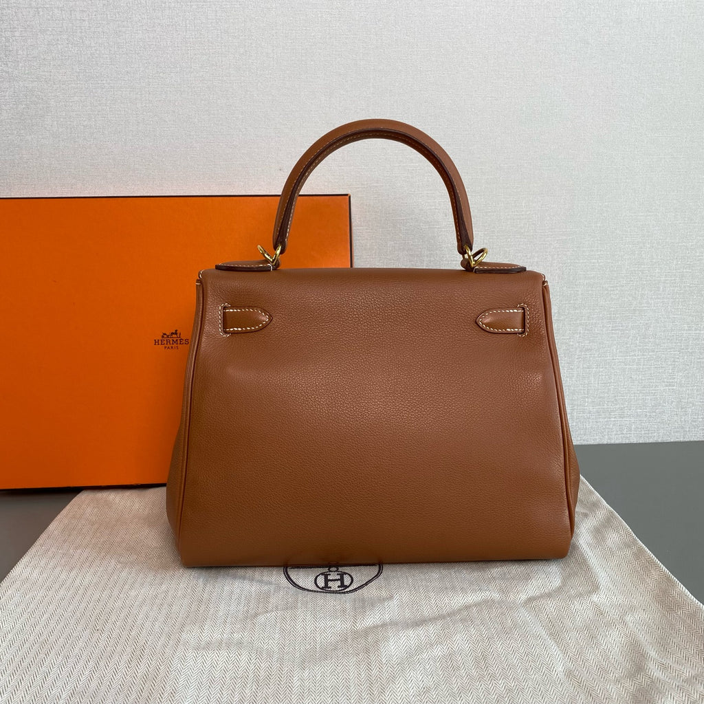 Hermes Kelly Handbag Brown Pebbled Leather Gold Hardware