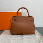 Hermes Kelly Handbag Brown Pebbled Leather Gold Hardware