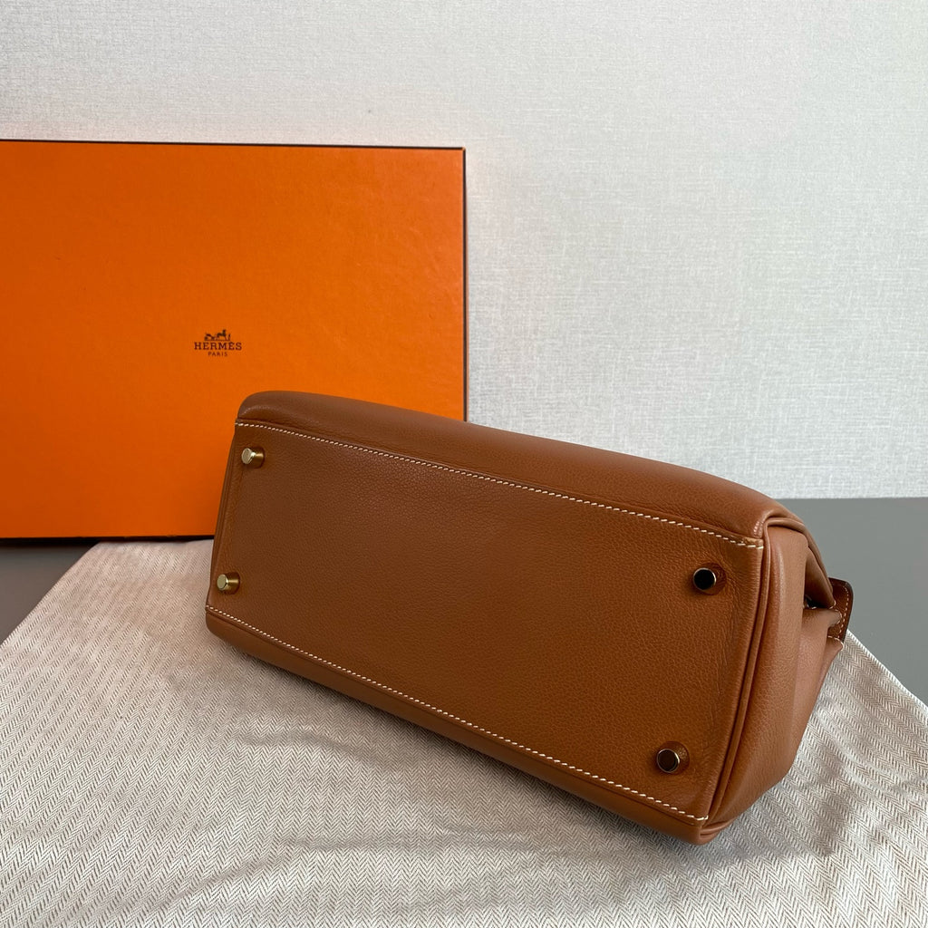 Hermes Kelly Handbag Brown Pebbled Leather Gold Hardware