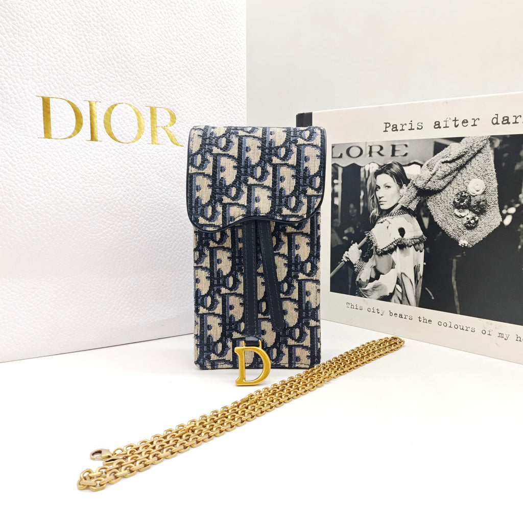 Dior Saddle Phone Holder Bag Beige/Navy Oblique Canvas Gold Hardware