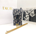 Dior Saddle Phone Holder Bag Beige/Navy Oblique Canvas Gold Hardware