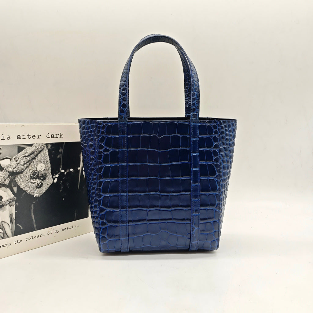 Balenciaga Everyday Tote Bag Navy Blue Crocodile-Embossed Leather Silver Hardware