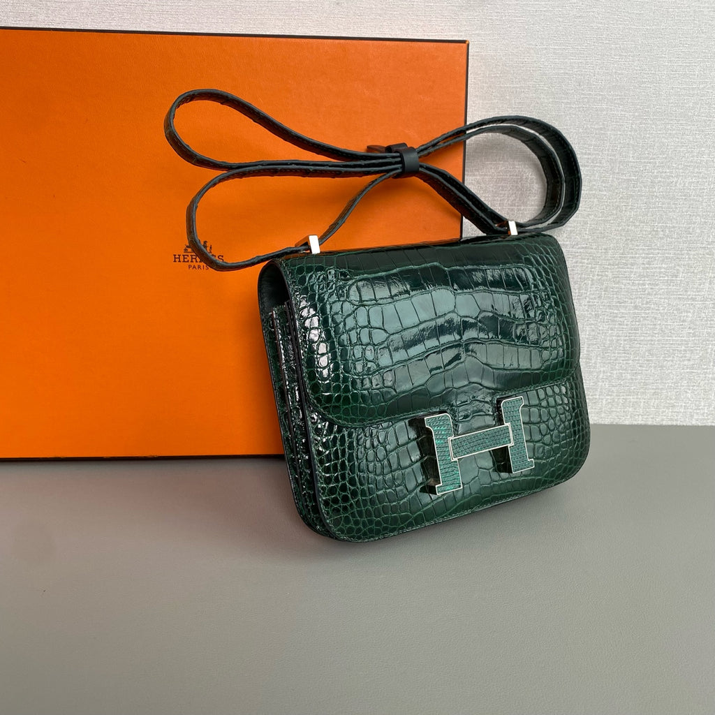 Hermes Constance Crossbody Bag Emerald Green Crocodile Leather Silver Hardware