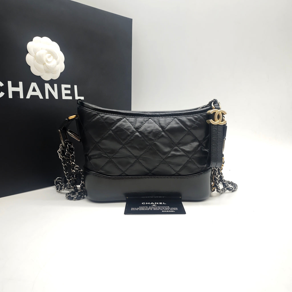 Chanel Gabrielle Small Hobo Handbag Black Quilted Lambskin Gold Silver & Ruthenium Hardware