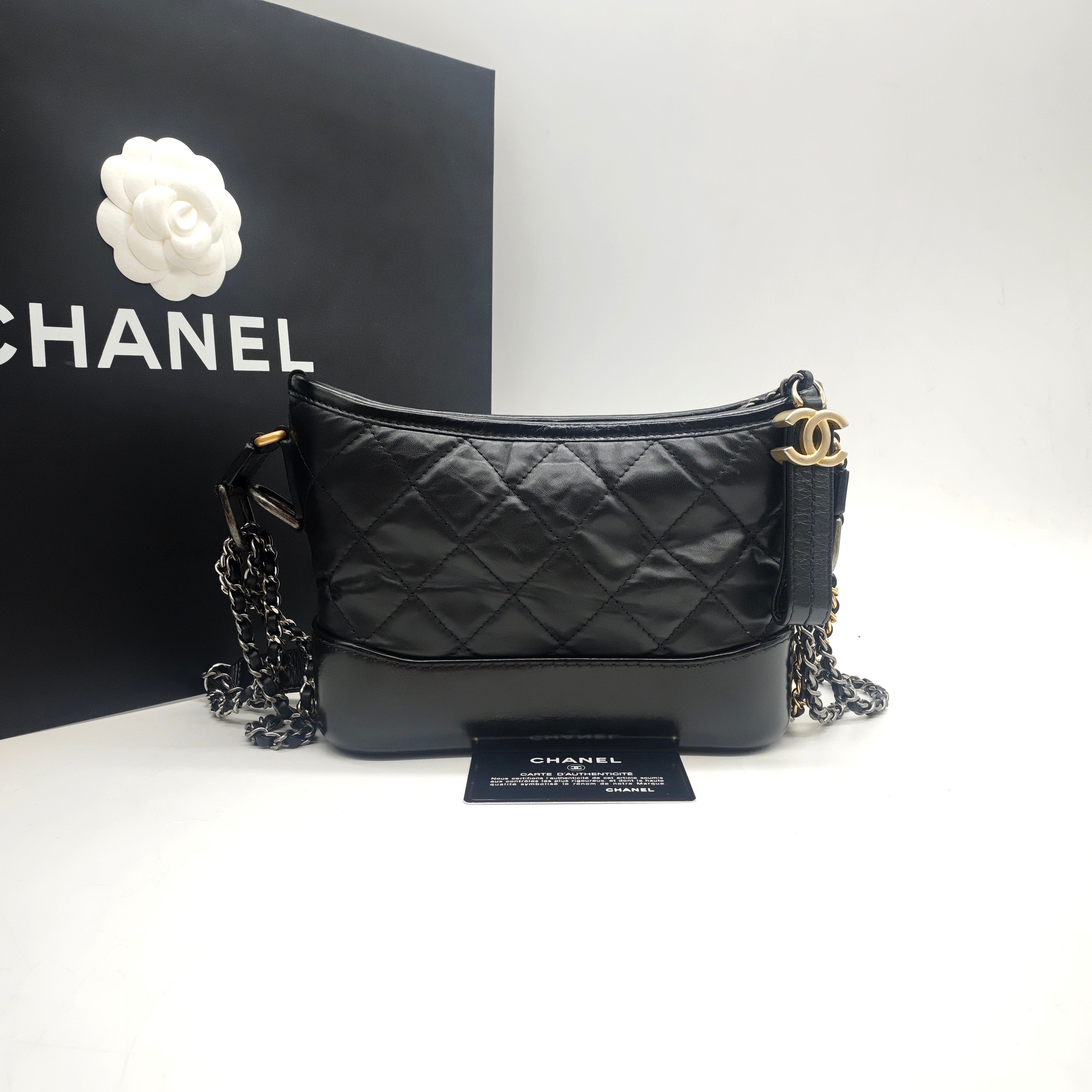 Chanel Gabrielle Small Hobo Handbag Black Quilted Lambskin Gold Silver & Ruthenium Hardware