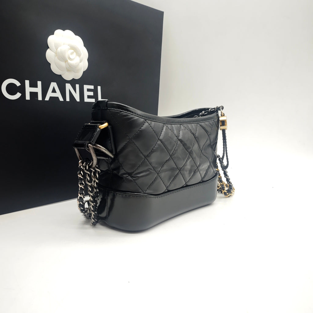 Chanel Gabrielle Small Hobo Handbag Black Quilted Lambskin Gold Silver & Ruthenium Hardware