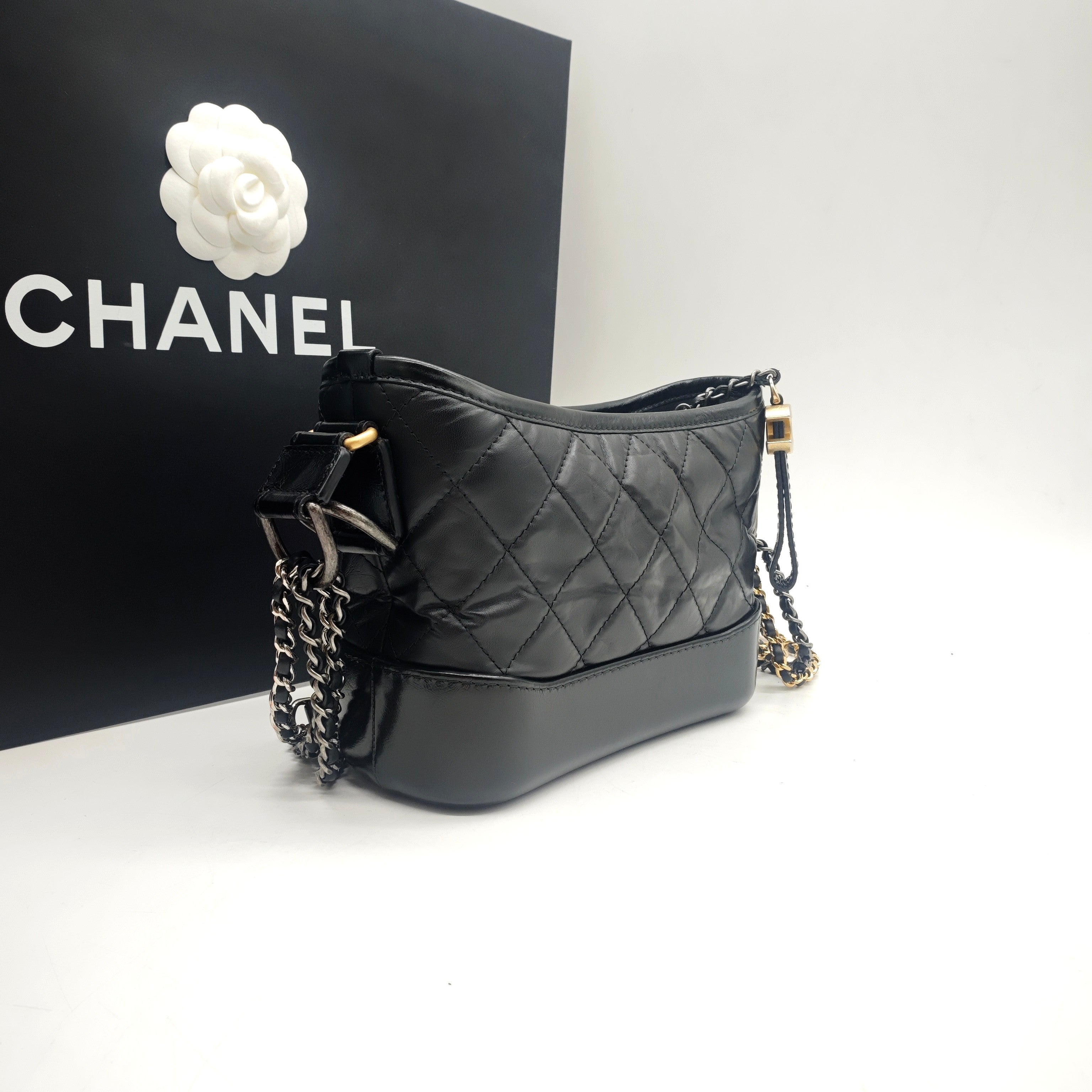Chanel Gabrielle Small Hobo Handbag Black Quilted Lambskin Gold Silver & Ruthenium Hardware
