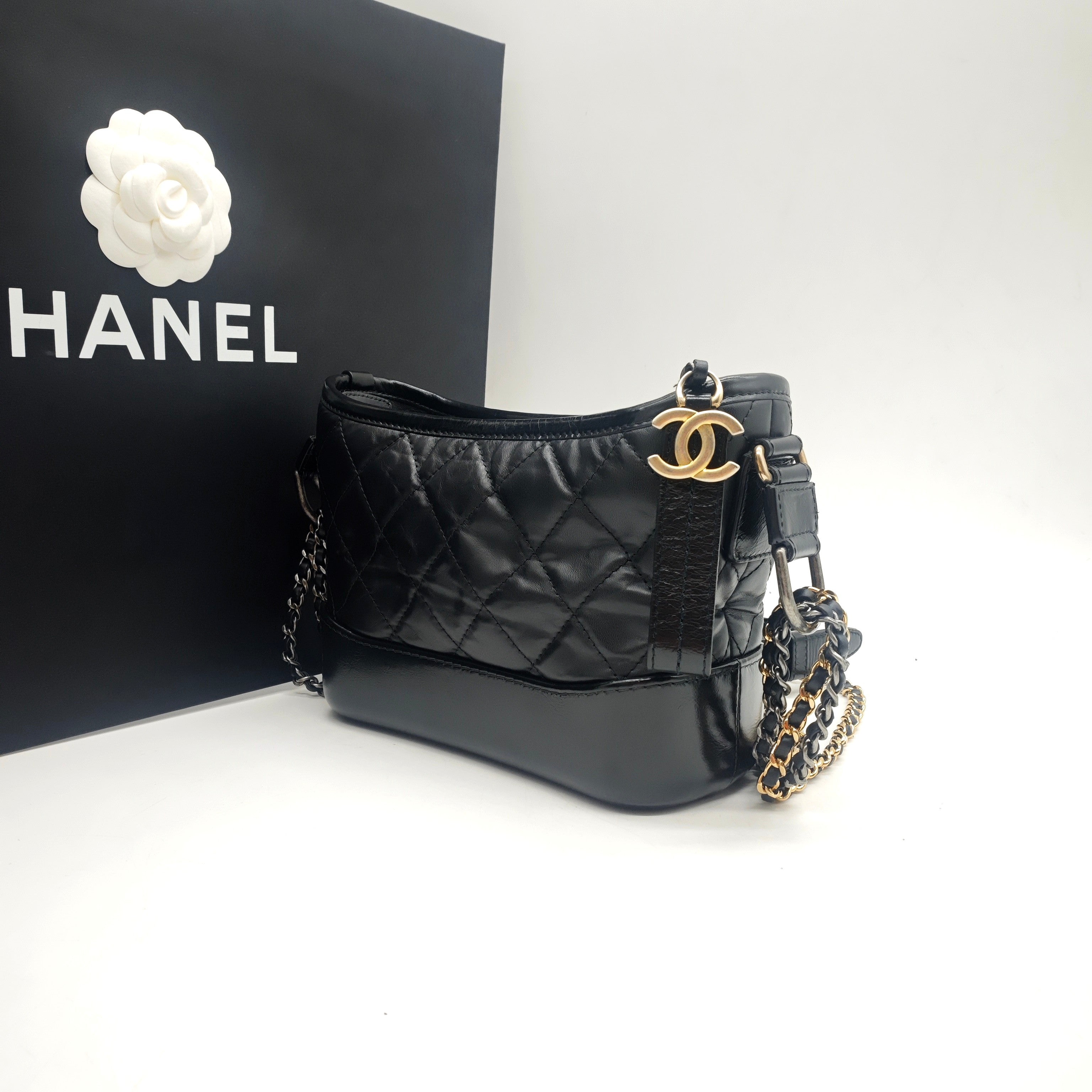 Chanel Gabrielle Small Hobo Handbag Black Quilted Lambskin Gold Silver & Ruthenium Hardware