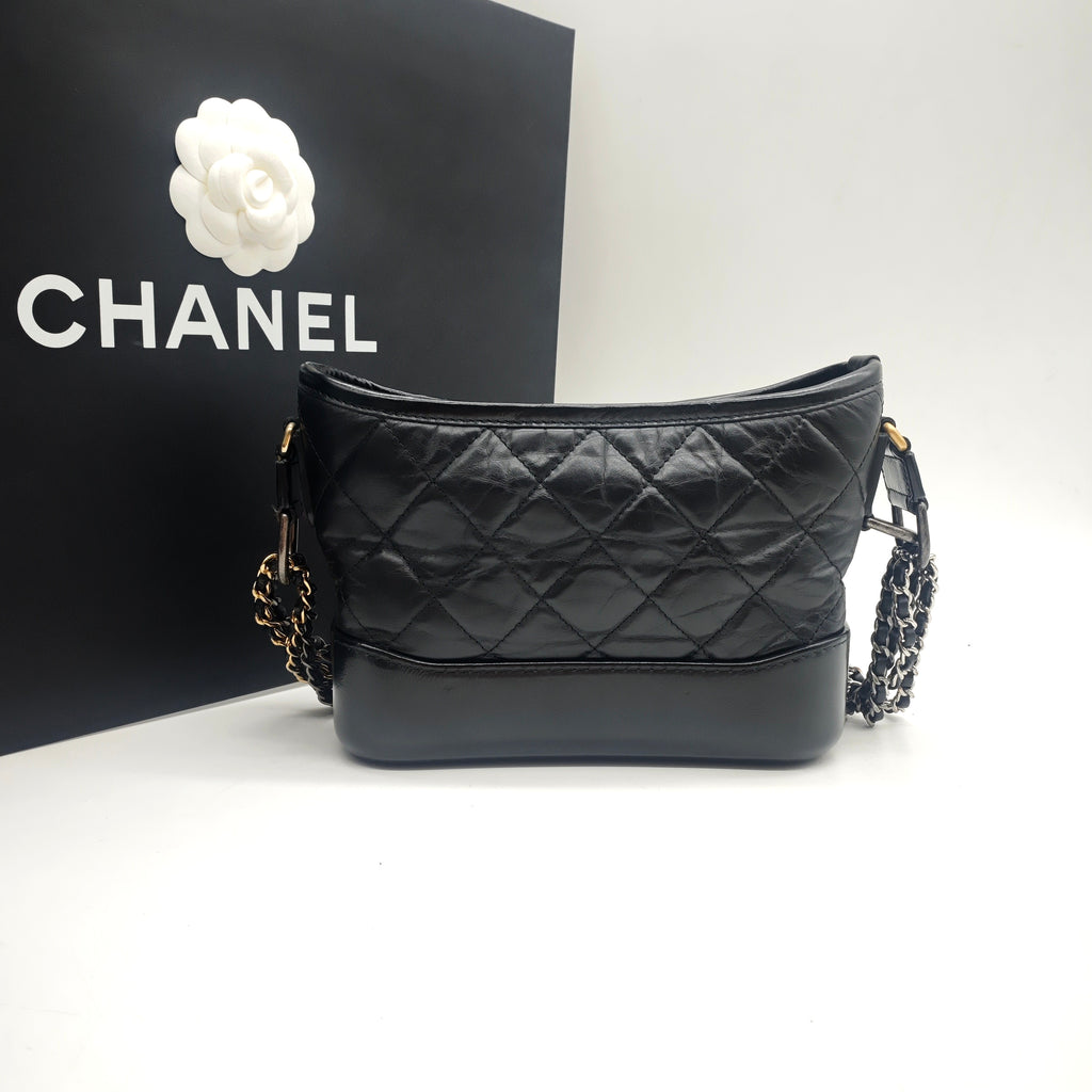 Chanel Gabrielle Small Hobo Handbag Black Quilted Lambskin Gold Silver & Ruthenium Hardware