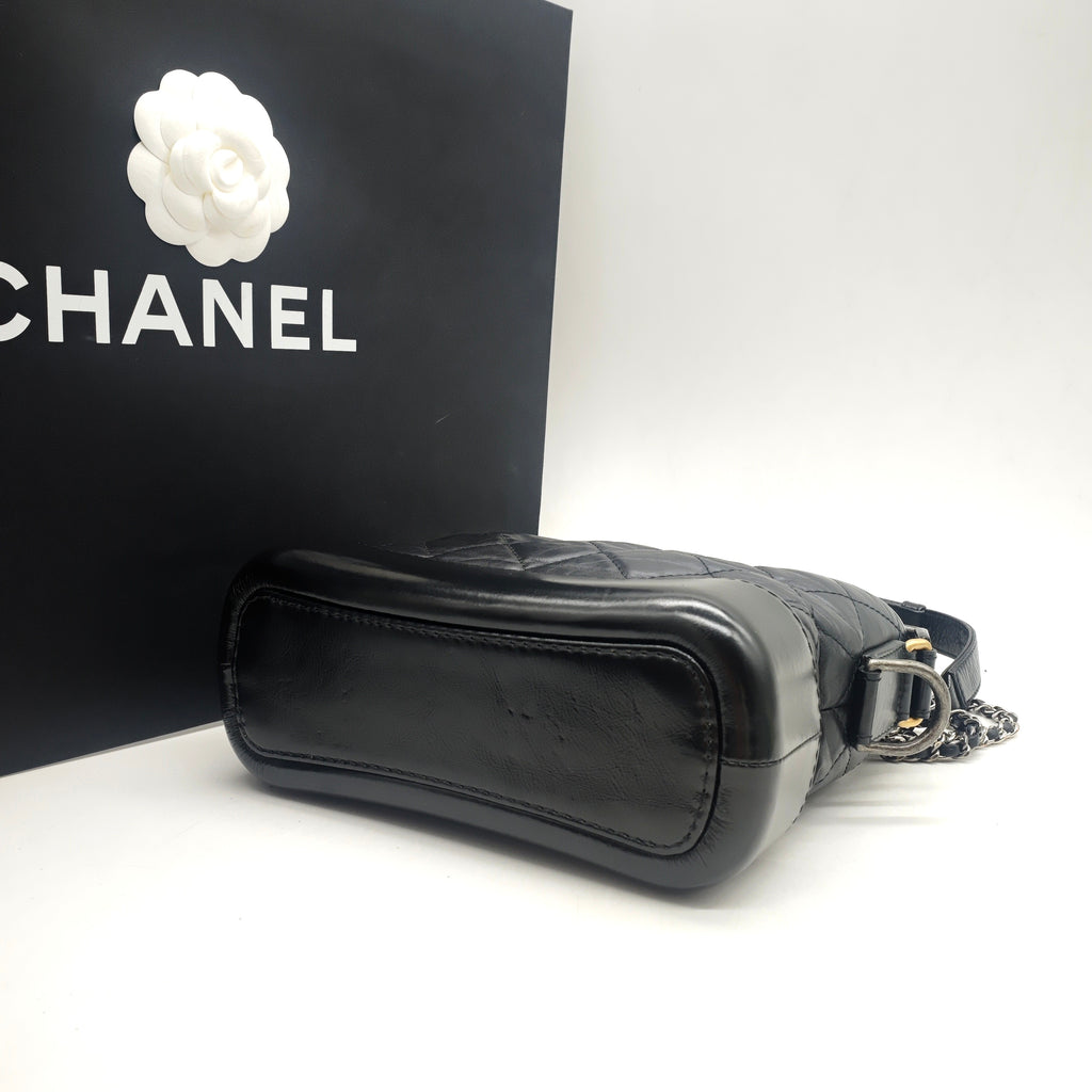 Chanel Gabrielle Small Hobo Handbag Black Quilted Lambskin Gold Silver & Ruthenium Hardware