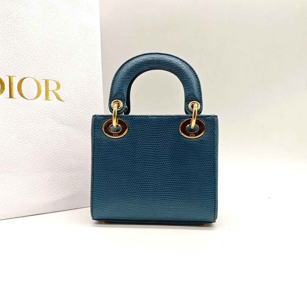 Dior Lady Dior Handbag Micro Deep Teal Lizard-Embossed Leather Gold Hardware