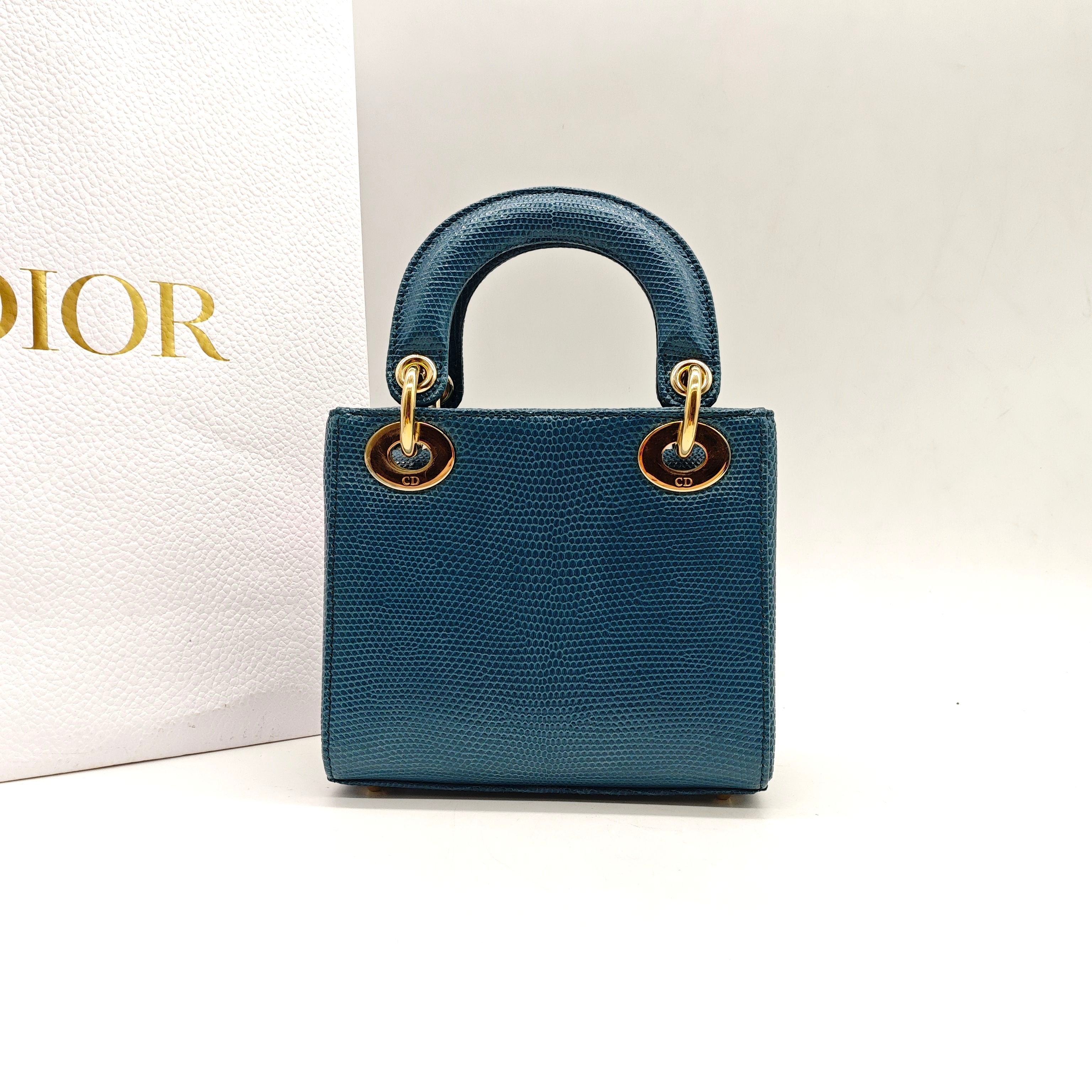Dior Lady Dior Handbag Micro Deep Teal Lizard-Embossed Leather Gold Hardware