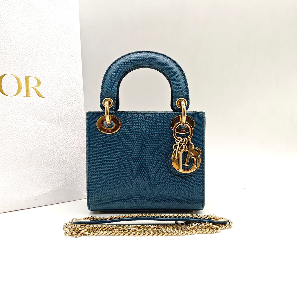 Dior Lady Dior Handbag Micro Deep Teal Lizard-Embossed Leather Gold Hardware