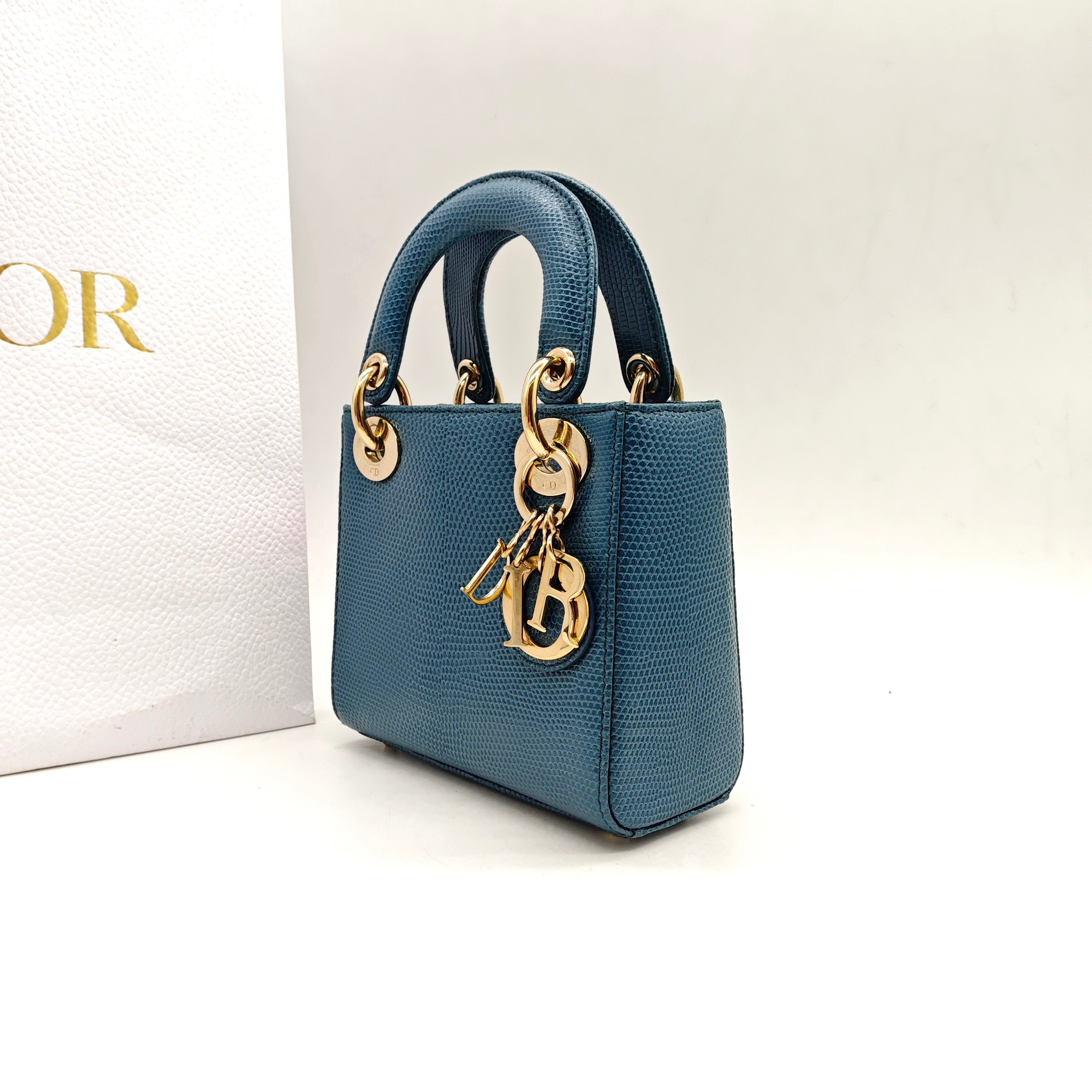Dior Lady Dior Handbag Micro Deep Teal Lizard-Embossed Leather Gold Hardware