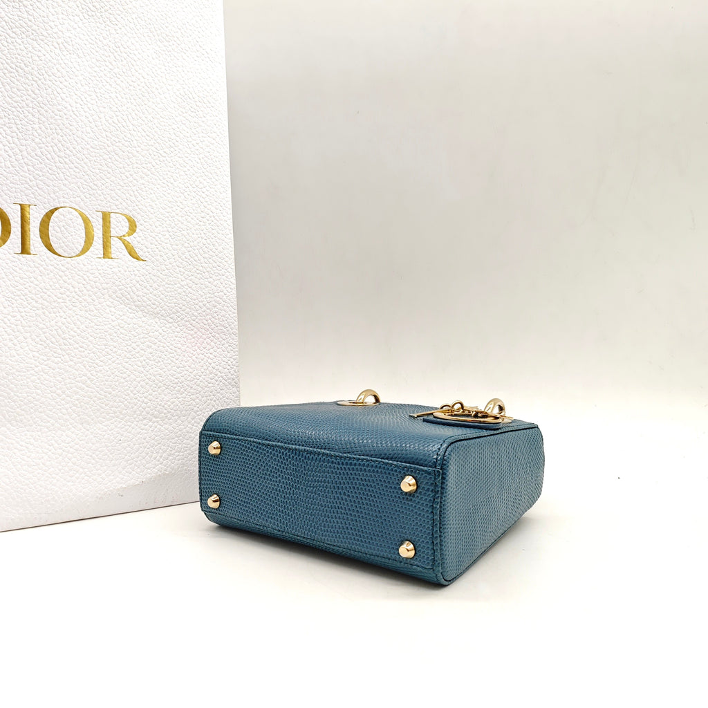 Dior Lady Dior Handbag Micro Deep Teal Lizard-Embossed Leather Gold Hardware