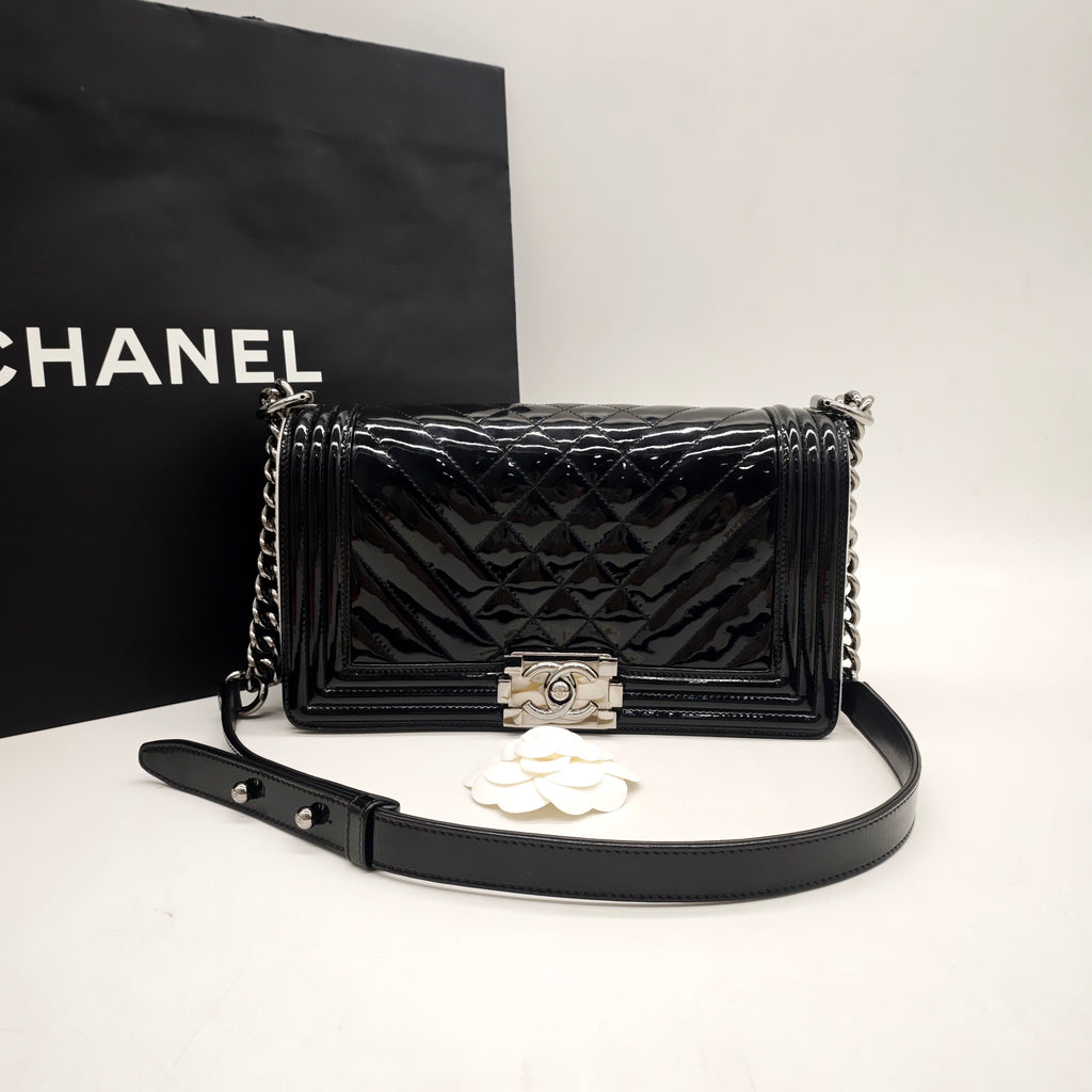Chanel Boy Handbag Small Black Patent Quilted Leather Silver Hardware