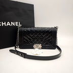 Chanel Boy Handbag Small Black Patent Quilted Leather Silver Hardware