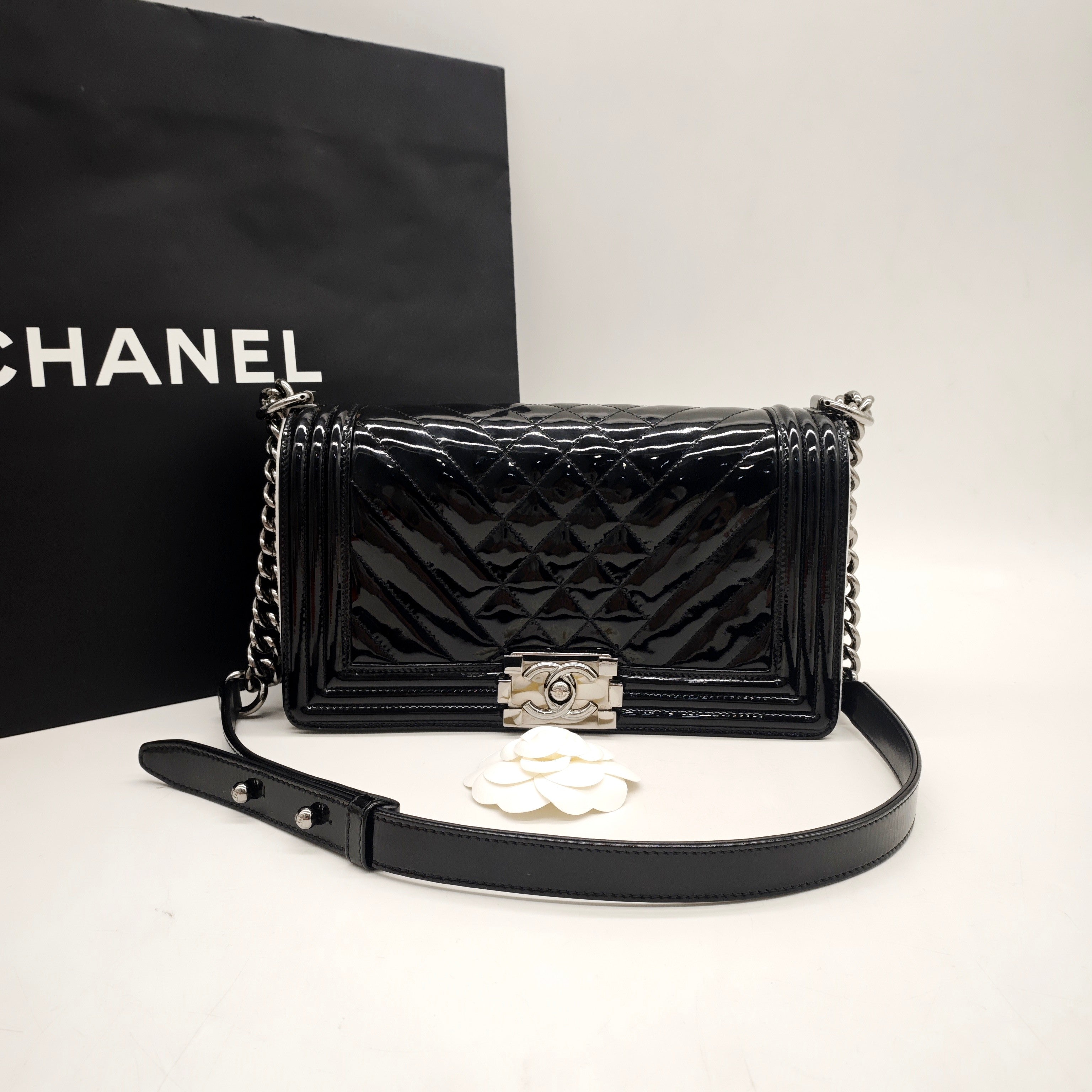 Chanel Boy Handbag Small Black Patent Quilted Leather Silver Hardware
