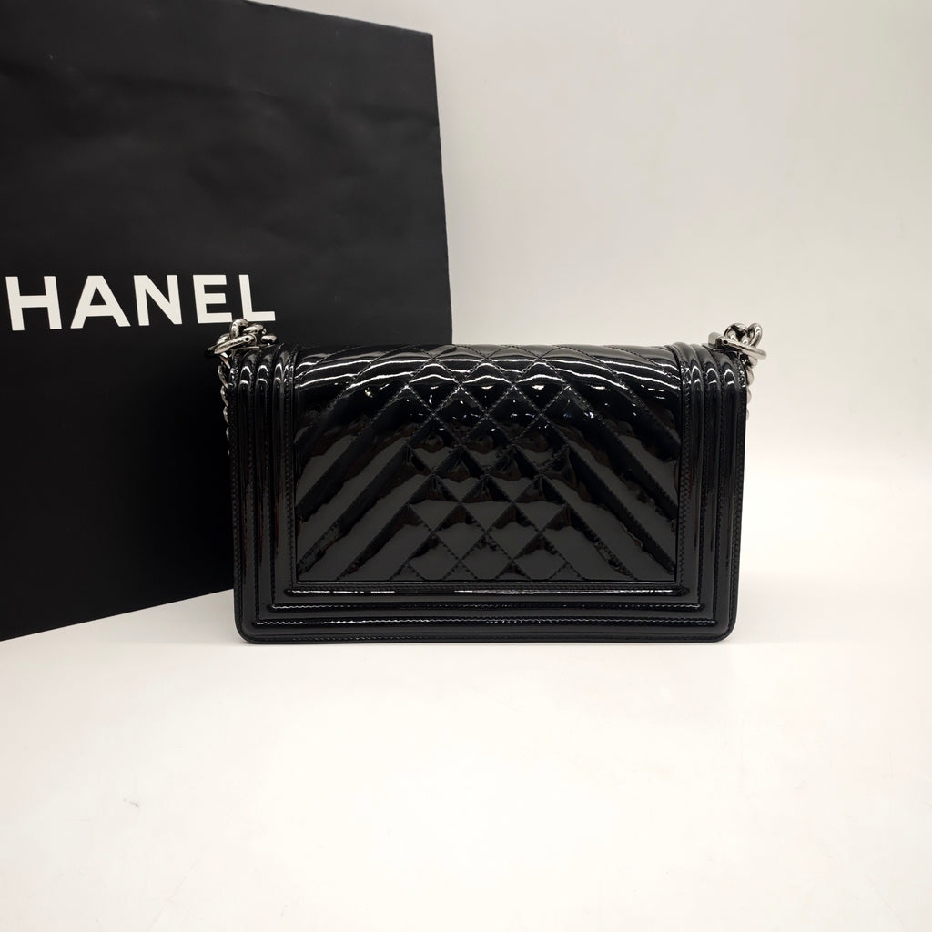Chanel Boy Handbag Small Black Patent Quilted Leather Silver Hardware