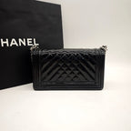 Chanel Boy Handbag Small Black Patent Quilted Leather Silver Hardware