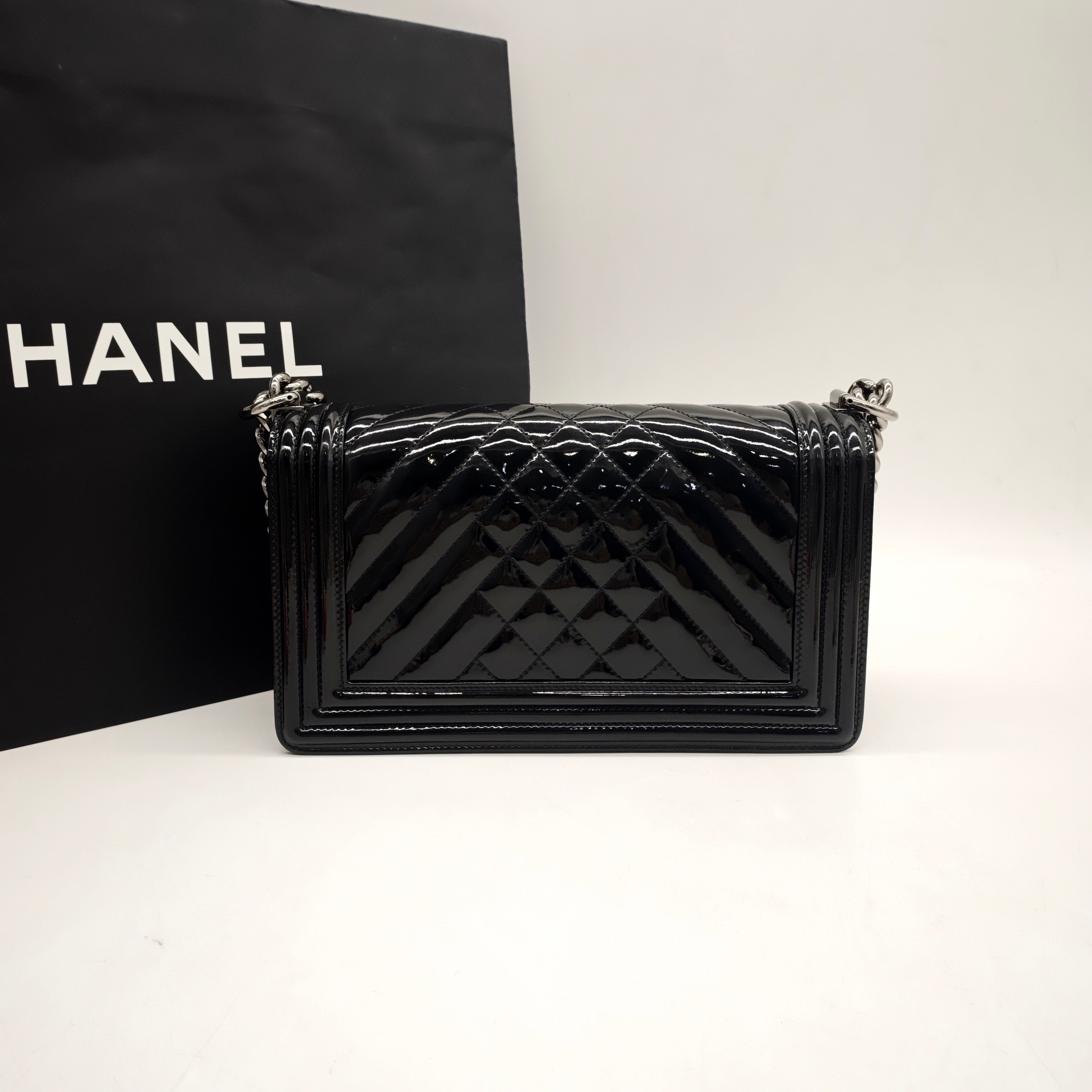 Chanel Boy Handbag Small Black Patent Quilted Leather Silver Hardware