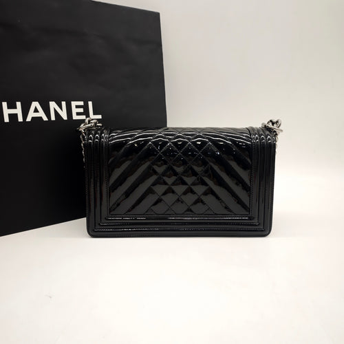 Chanel Boy Handbag Small Black Patent Quilted Leather Silver Hardware