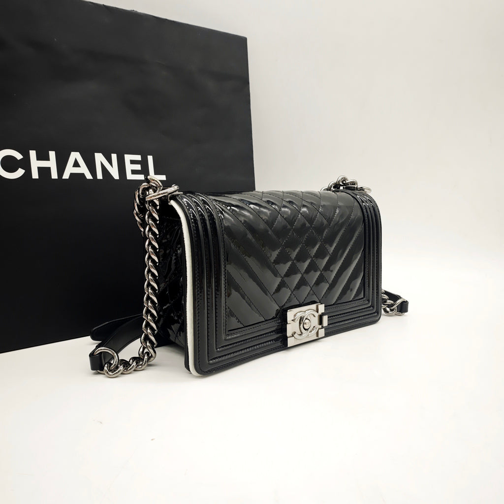 Chanel Boy Handbag Small Black Patent Quilted Leather Silver Hardware