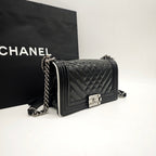 Chanel Boy Handbag Small Black Patent Quilted Leather Silver Hardware