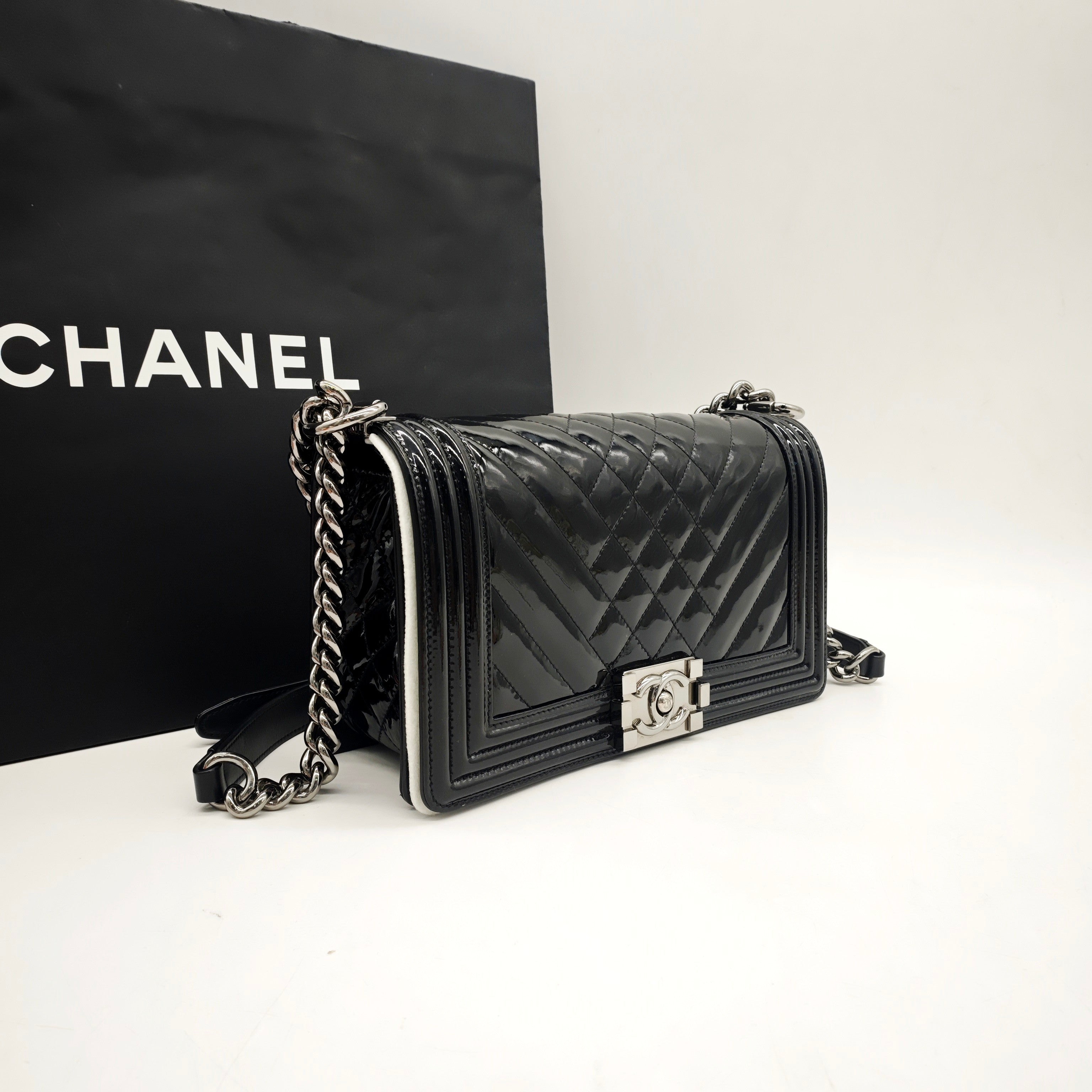 Chanel Boy Handbag Small Black Patent Quilted Leather Silver Hardware