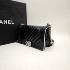 Chanel Boy Handbag Small Black Patent Quilted Leather Silver Hardware