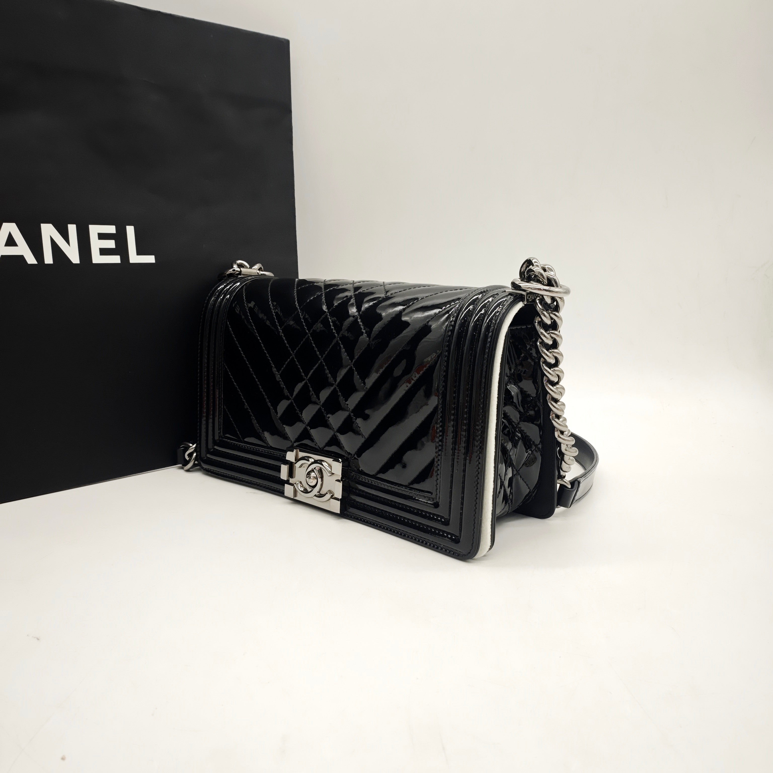 Chanel Boy Handbag Small Black Patent Quilted Leather Silver Hardware