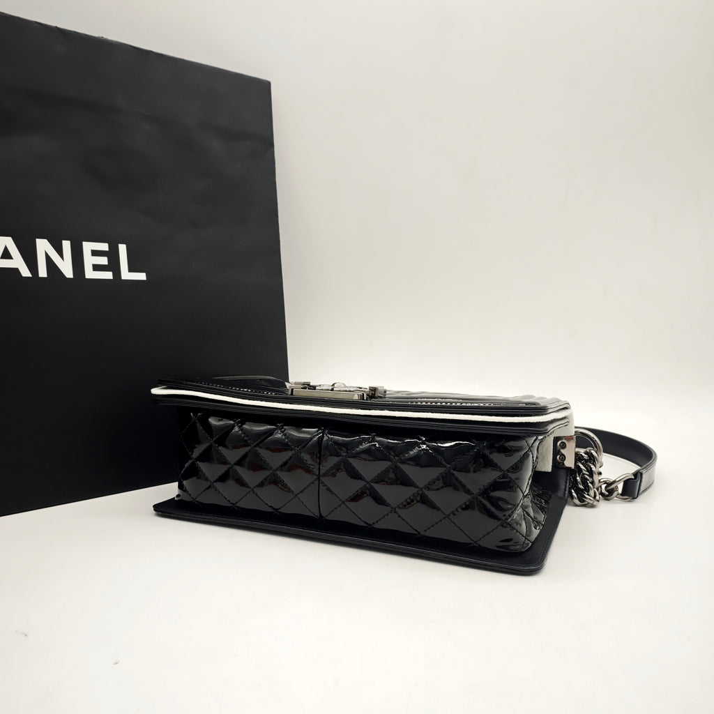 Chanel Boy Handbag Small Black Patent Quilted Leather Silver Hardware